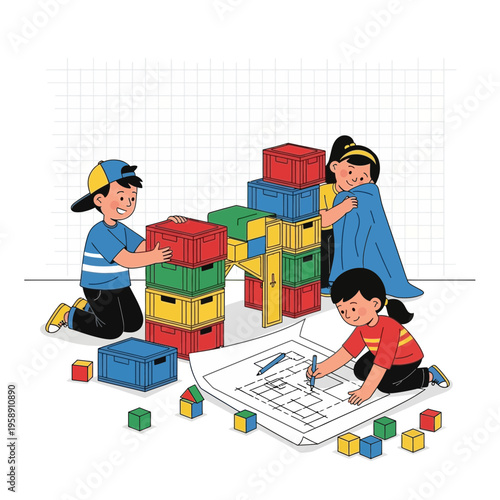 Children Constructing Creative Designs With Colorful Building Blocks And Blueprints