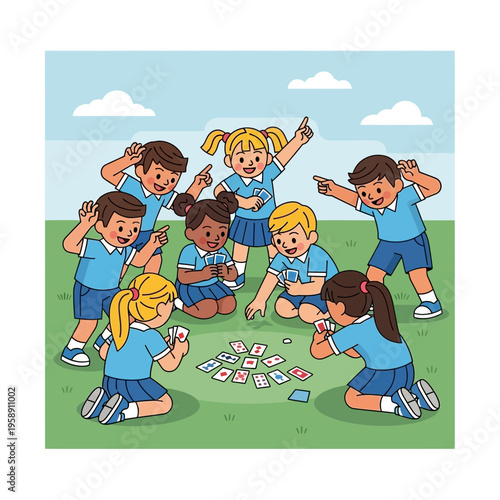 Children Engaged in Fun Outdoor Card Game Activity