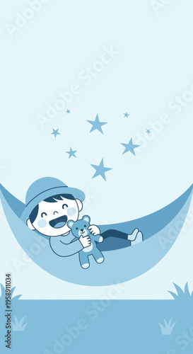 Child's Serene Slumber With Teddy Bear Under Starry Sky