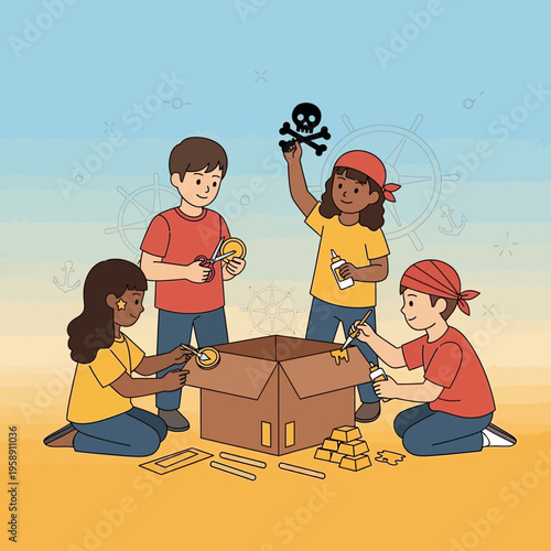 Children Engaging In Imaginative Pirate Treasure Crafting Activity And Fun