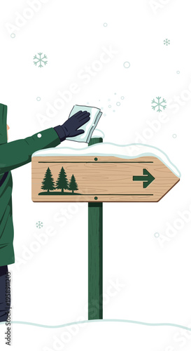 Clearing Snowy Signpost In Winter Forest Adventure Guidance