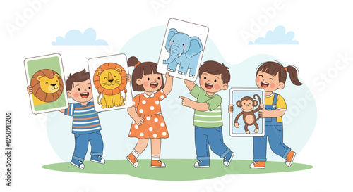 Children Holding Up Colorful Animal Flashcards For Learning