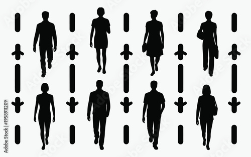 Silhouette of people walking in various directions.