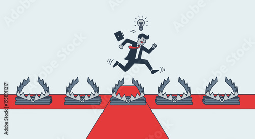 Clever Businessman Leaping Over Traps Towards His Brilliant Idea
