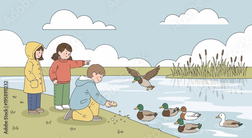 Children Feeding Ducks By A Serene Pond
