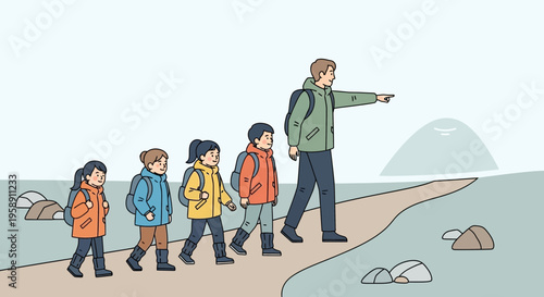 Children Following Leader On Nature Trail Adventure Guided Expedition Outdoor Learning Journey