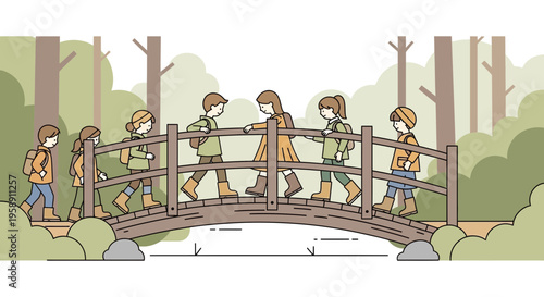 Children Hiking Across a Wooden Bridge in a Forest Scene