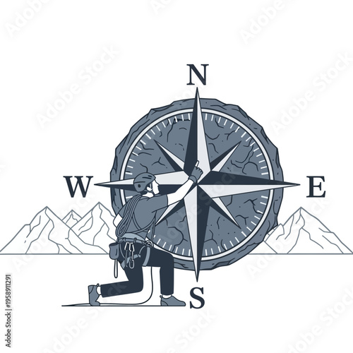 Climber Navigates Giant Compass Towards Mountain Summit Adventure Direction