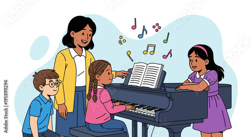Children Learn Piano With Teacher Musical Education