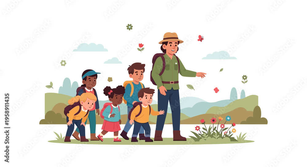 Fototapeta premium Children On A Nature Excursion With A Guide Leading Them On A Trail