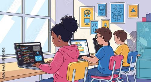 Children Learning To Code In A Modern Classroom Setting