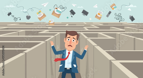 Confused Businessman Lost Inside A Complex Maze Of Tasks And Challenges