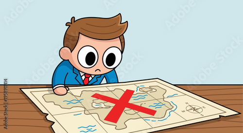 Confused Businessman Examines Treasure Map With Marked Destination Red X