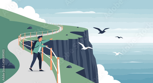 Coastal Cliffside Path With A Hiker And Soaring Birds
