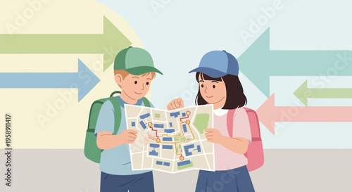 Children Navigating With Map And Directional Arrows