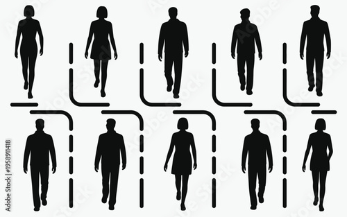 Black silhouettes of people walking in different directions.