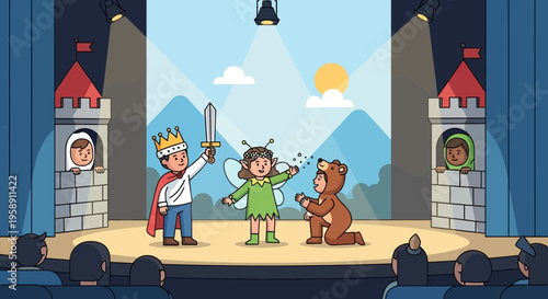 Children Perform Fairy Tale Play On Stage With Costumes And Props