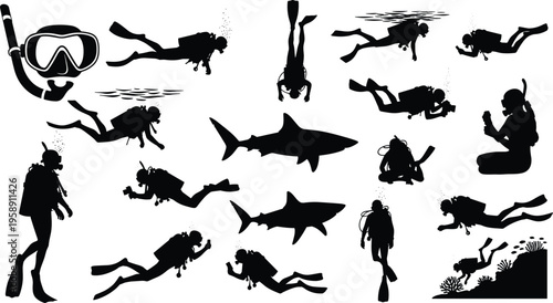 Set of scuba diver silhouettes with sharks masks and coral reefs in black and white for underwater adventure and diving concepts