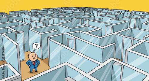 Confused Businessman Lost Inside Complex Office Maze Seeking Direction