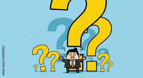 Confused Businessman Surrounded By Many Yellow Question Marks