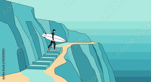 Coastal Surfer Descends Stone Steps Towards Ocean Waves Adventure Beckons