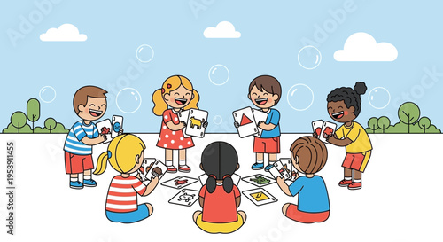 Children Playfully Learning With Educational Flashcards Outdoors