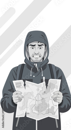 Confused Explorer With Torn Map Seeking Direction Outdoor Adventure Dilemma