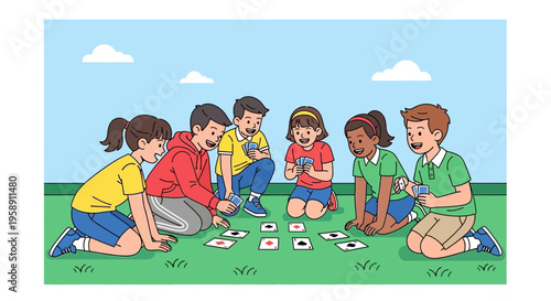 Children Playing Cards Outdoor Together With Joyful Expressions