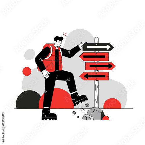 Confused Hiker Faces Multiple Directional Signposts On A Trek