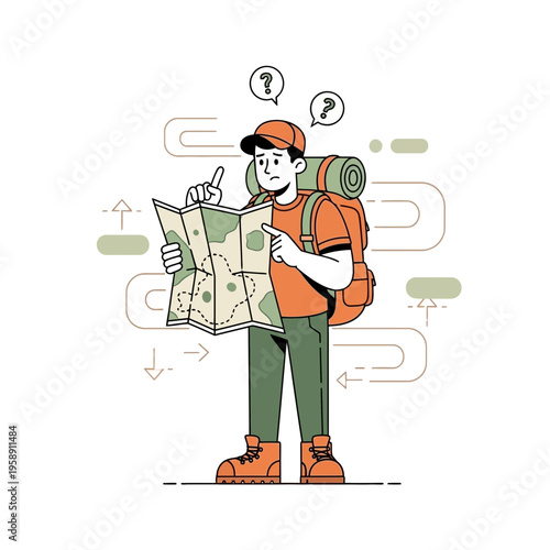 Confused Hiker Consulting Map Seeking Direction During Outdoor Adventure Journey