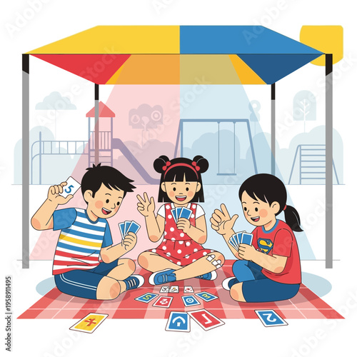Children Playing Cards Under Colorful Canopy Enjoying Outdoor Leisure Time