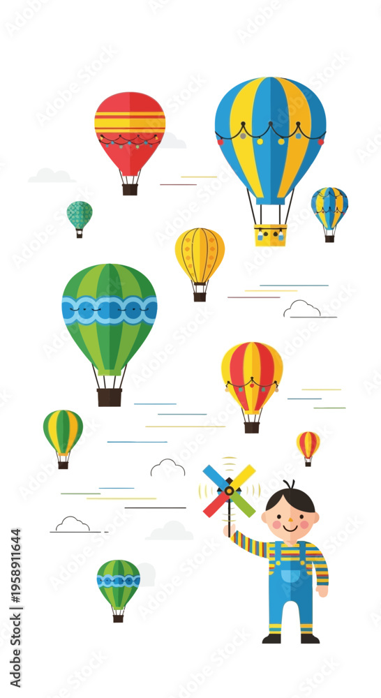 Naklejka premium Colorful Hot Air Balloons Ascending Skyward With Playful Child Holding Pinwheel Illustration