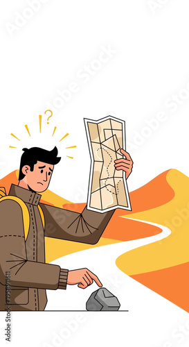 Confused Traveler Lost In Desert Holding Unfolding Paper Map Trying To Navigate