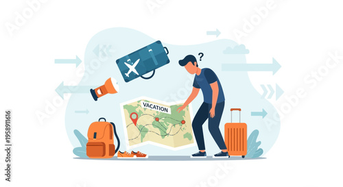 Confused Traveler Planning A Trip And Looking At Vacation Map