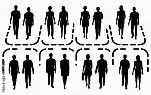 Silhouette illustration of people splitting into groups.