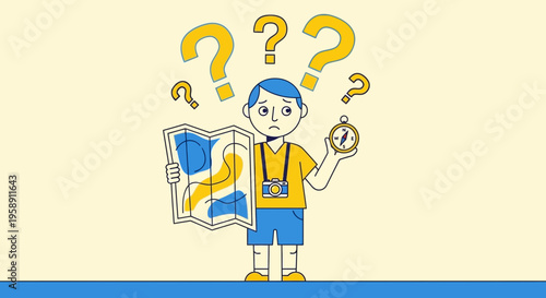 Confused Traveler With Map And Compass Facing Unsure Journey Ahead