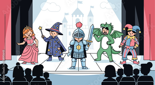Children's Play Performance On Stage With Various Costumes