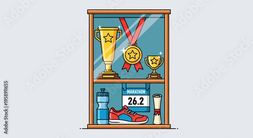 Collection Of Marathon Trophies And Athletic Achievements Displayed In A Cabinet