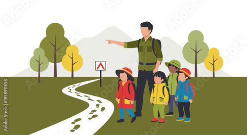 Childrens Nature Trail Adventure Guided By Instructor Showing Direction