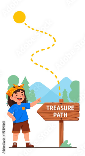 Childs Adventure On A Treasure Path With A Winding Map And Sunny Sky