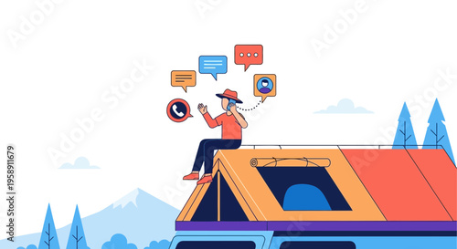 Connected Camper Using Smartphone With Communication Icons In Outdoor Setting