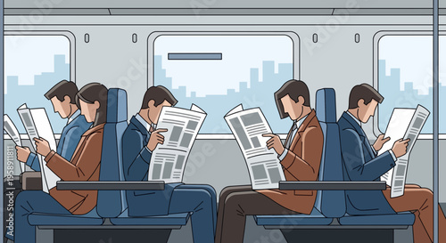 Commuters Absorb News During Daily Train Journey To The City