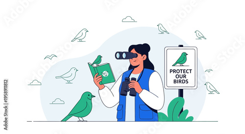 Conservationist Studies Birds With Binoculars And Book In Nature