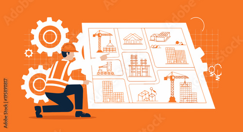 Construction Planning Worker Industrial Blueprint Design Concept