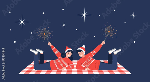 Couple Enjoying Fireworks Under A Starry Night Sky