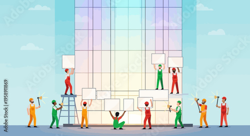 Construction Team Building Modern Skyscraper With Glass Facade Elements