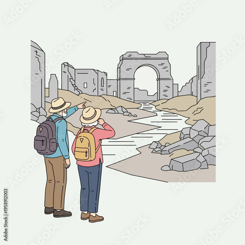 Couple Exploring Ancient Ruins And Discovering History And Adventure
