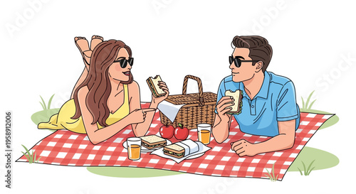Couple Enjoys Picnic With Sandwiches And Refreshing Drinks Outdoors