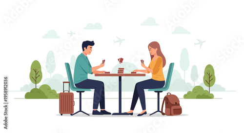 Couple Enjoys Playing Cards While Waiting For Flight At Airport