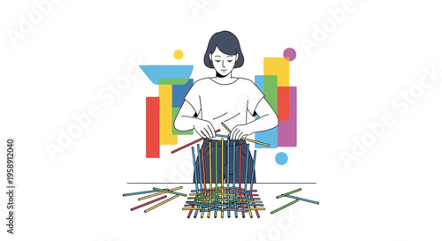 Concentration And Dexterity With Colorful Sticks Building A Structure Carefully